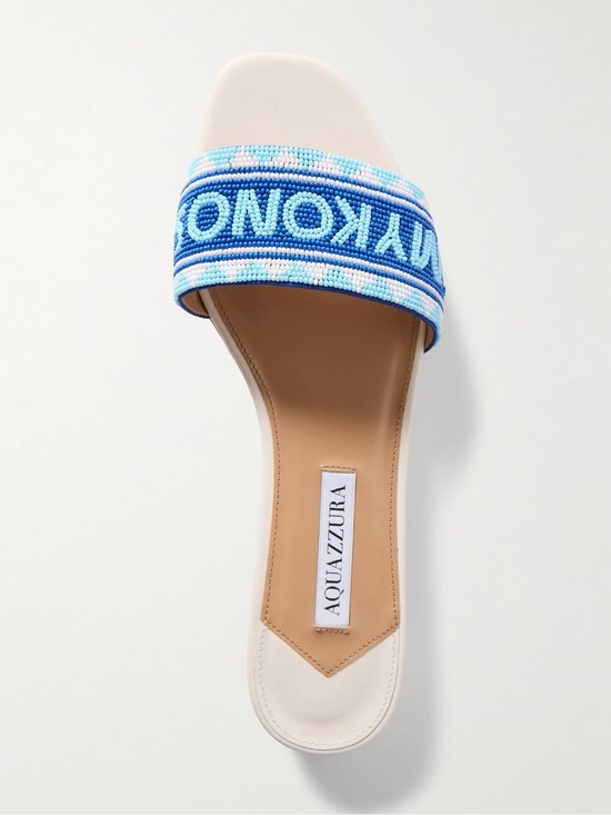AQUAZZURA Shoes - Aquazzura Mykonos Beaded Leather Slides White Blue Size EU 37 NWOT